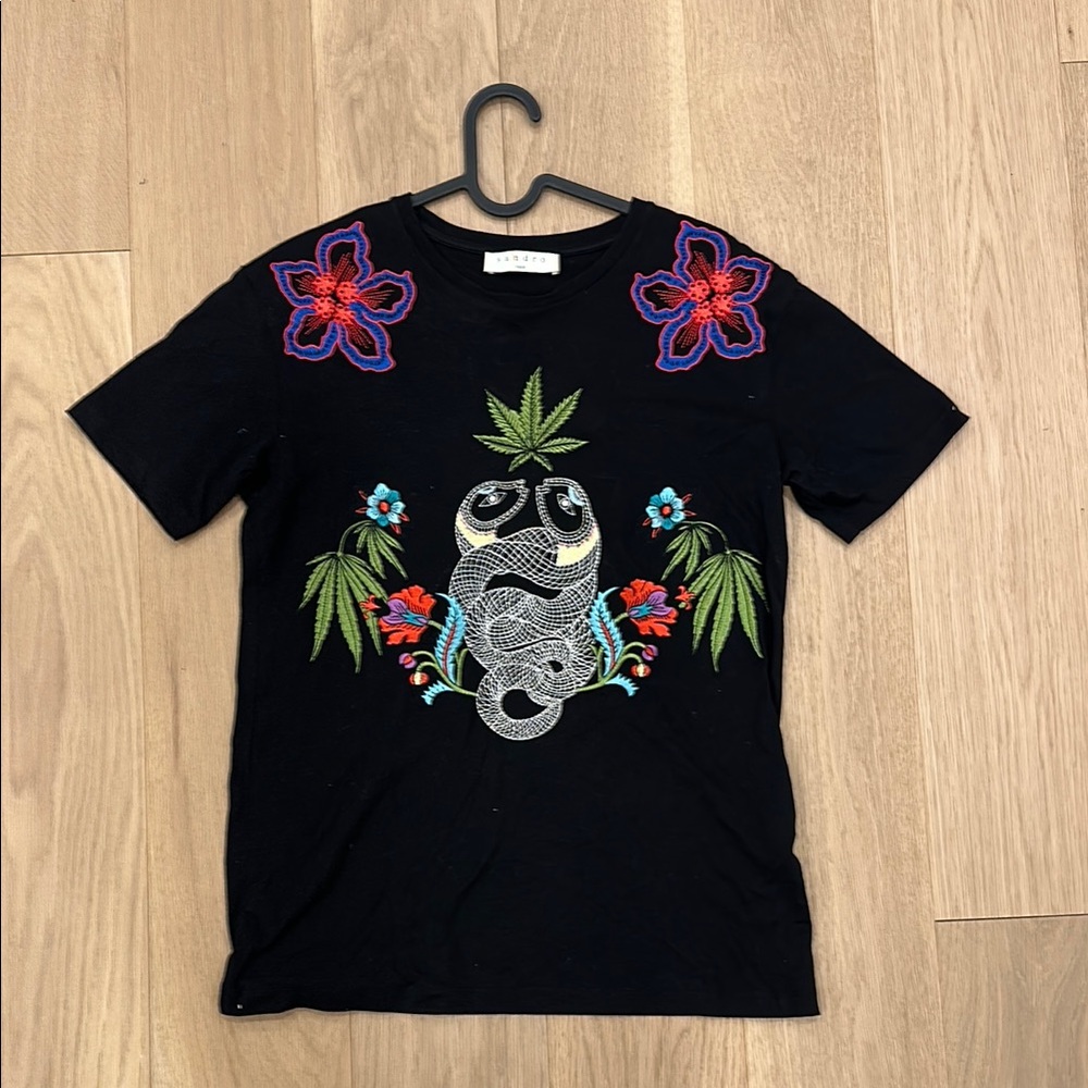 Sandro Black and Red Embellished Short Sleeve Tee